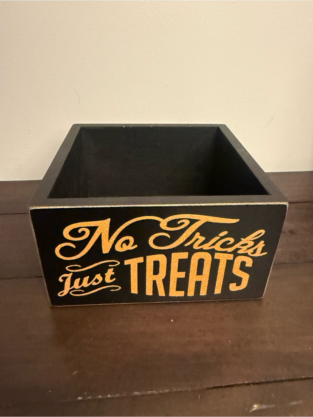 Halloween Wooden Candy Box No Tricks Just Treats Black Orange Glitter